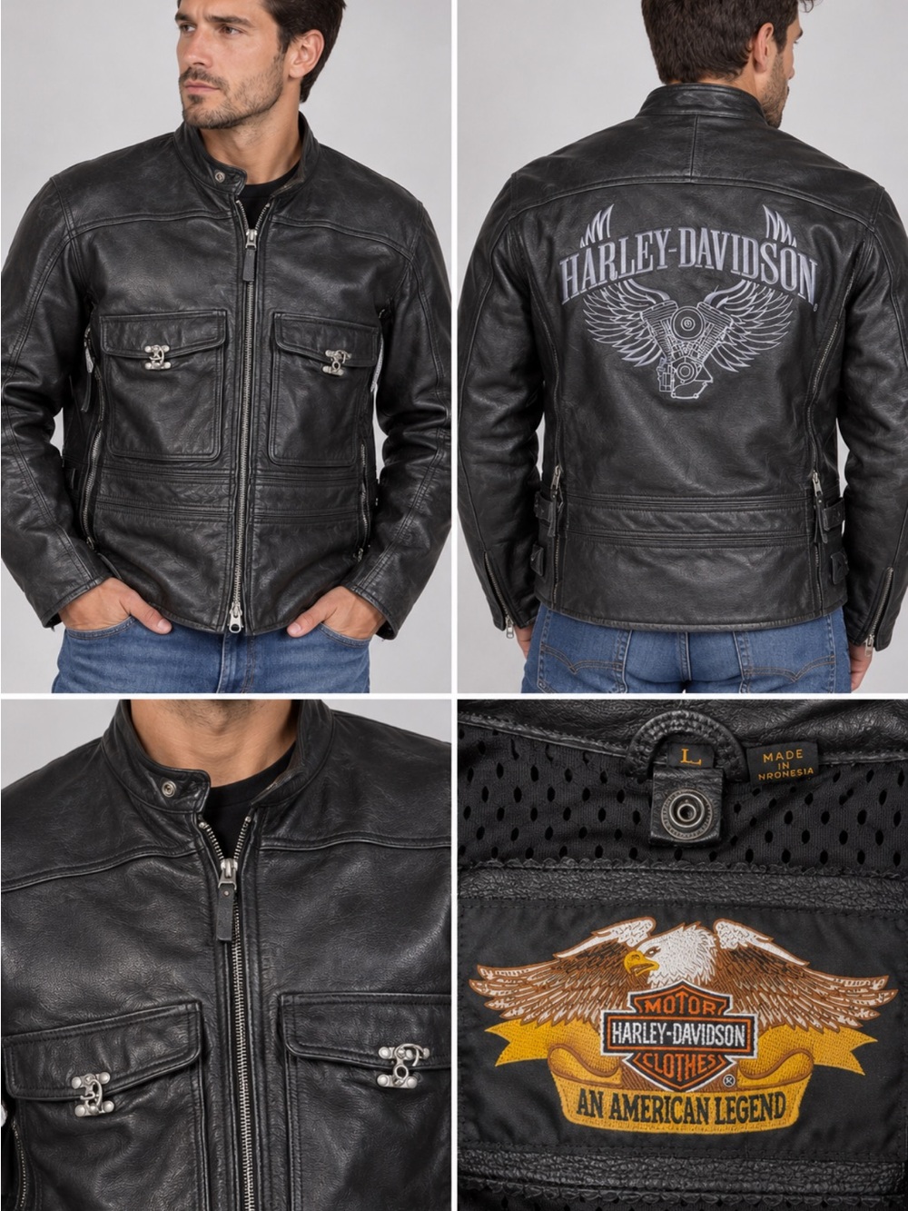 Harley-Davidson Black Leather Bomber Jacket with Winged Back Graphic